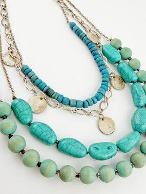 Express Boho Turquoise & Silver Layered Statement Necklace - 4 Tier Coin Beaded